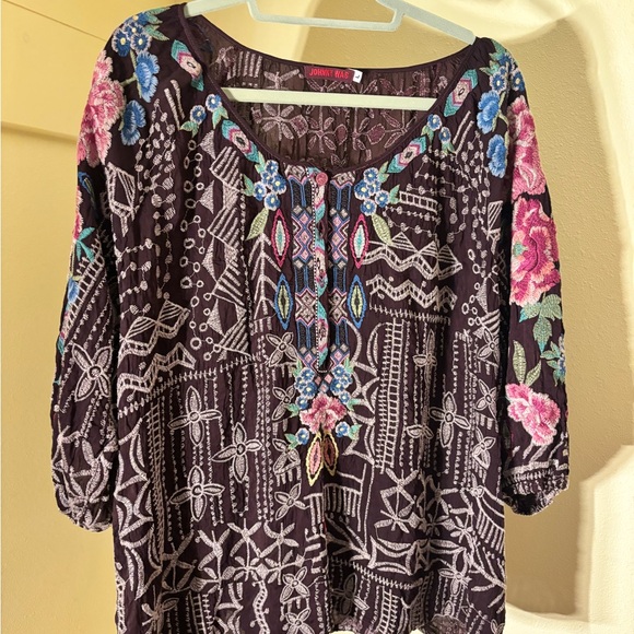 Johnny Was Tops - Johnny Was Embroidered Blouse - Black with Pink and Blue